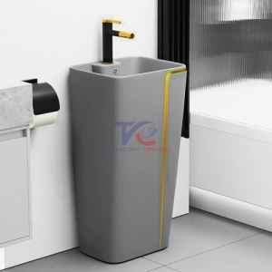 Lavabo Sứ Trụ Đứng Liền Khối Xám Viền Vàng - 24
